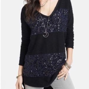 FREE PEOPLE  Sequin Navy Oversized Sweater Top Long Sleeve Small S